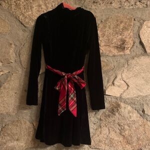 Navy Blue Velvet Dress with Red Plaid Bow, longlseeve